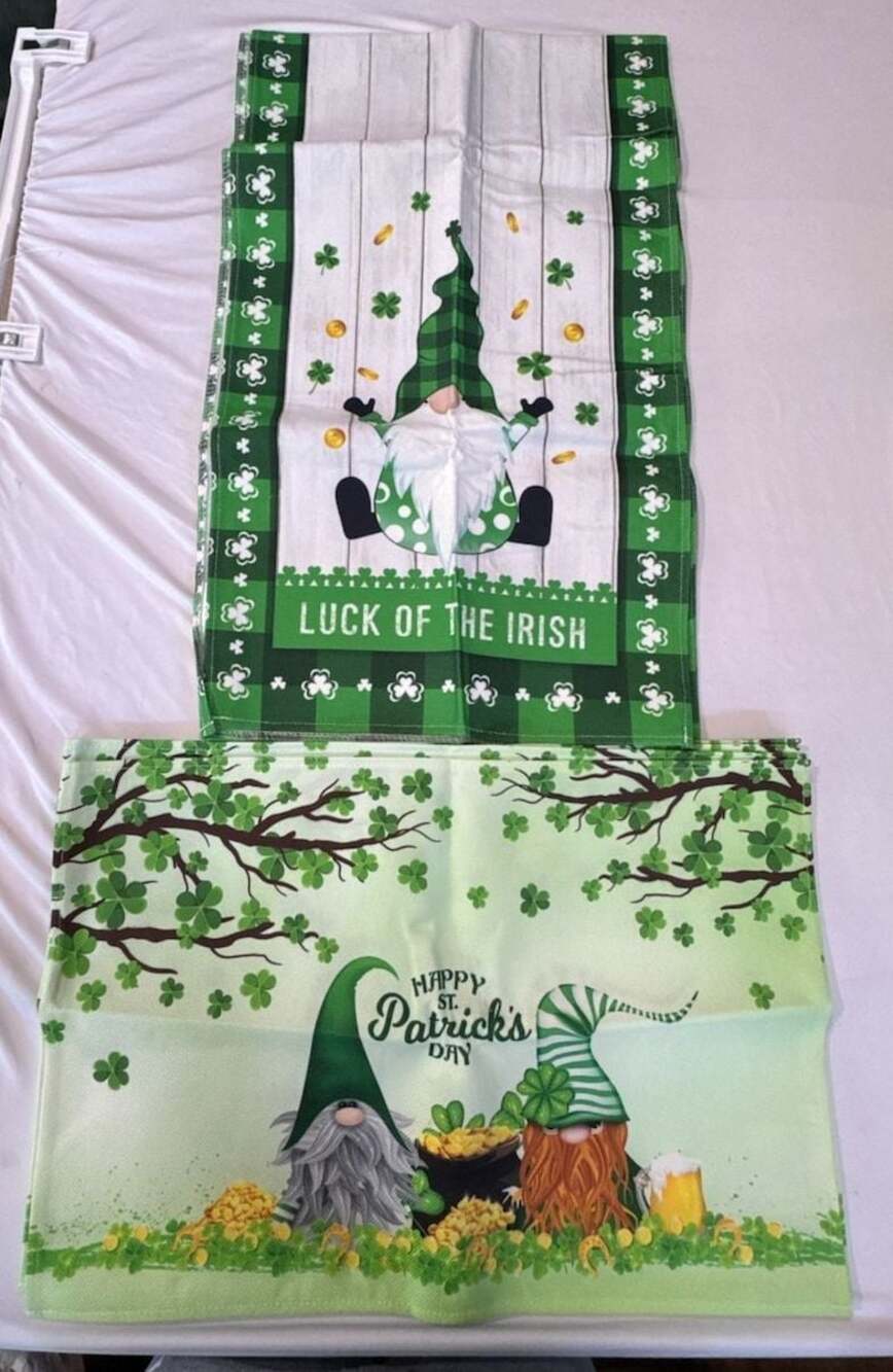 Q722 St. Patrick's Day  Linen Table Runner and Placemat Set Gnome & Shamrock